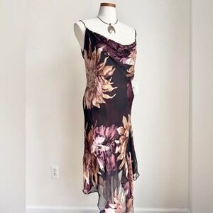 Vintage Cache Silk Fair Dress Black Pink Purple Gold Beaded Floral